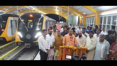 Chief minister Yogi Adityanath inaugurating high-speed train trial of Agra Metro on Wednesday. (HT Photo)