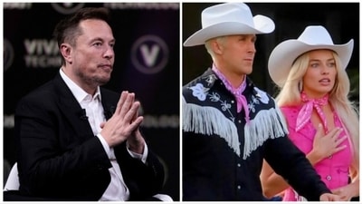 Elon Musk has joked about Barbie; Margot Robbie and Ryan Gosling in a still from the film (right).