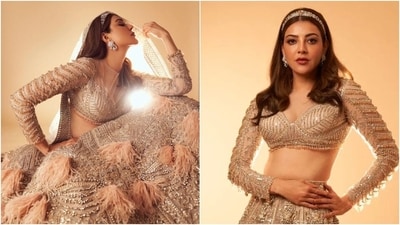 Kajal Aggarwal slips into a Falguni Shane Peacock lehenga for latest photoshoot. (Instagram) Kajal Aggarwal slips into a Falguni Shane Peacock lehenga for latest photoshoot. (Instagram)