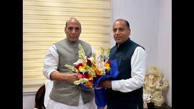 Leader of Opposition in Himachal Pradesh assembly Jairam Thakur calls on Union defence minister Rajnath Singh in New Delhi on Wednesday. (ANI)