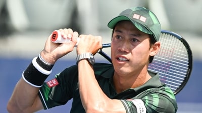 Kei Nishikori of Japan hits a shot against Jordan Thompson during the first round of the ATP Atlanta Open (Getty Images via AFP) Kei Nishikori of Japan hits a shot against Jordan Thompson during the first round of the ATP Atlanta Open (Getty Images via AFP)