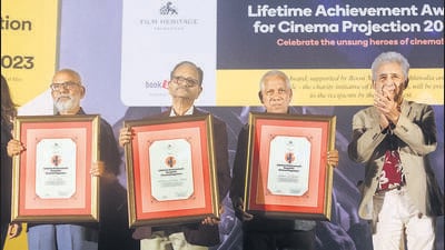 Mumbai, India – July 26, 2023: Actor Naseeruddin Shah during the felicitation ceremony for the Lifetime Achievement Award for Cinema Projection, celebrating the unsung heroes of Indian Cinema, at Regal Cinema, in Mumbai, India, on Wednesday, July 26, 2023. (Photo by Bhushan Koyande/HT Photo) Mumbai, India – July 26, 2023: Actor Naseeruddin Shah during the felicitation ceremony for the Lifetime Achievement Award for Cinema Projection, celebrating the unsung heroes of Indian Cinema, at Regal Cinema, in Mumbai, India, on Wednesday, July 26, 2023. (Photo by Bhushan Koyande/HT Photo)