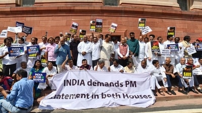 Opposition coalition, INDIA, demands PM Modi to speak on Manipur violence in Parliament. (PTI) Opposition coalition, INDIA, demands PM Modi to speak on Manipur violence in Parliament. (PTI)
