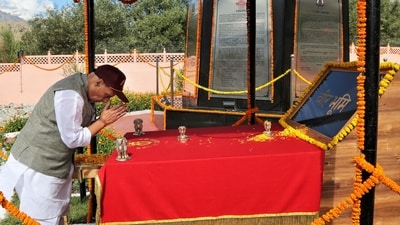 He laid a wreath at the Kargil War Memorial in memory of the fallen bravehearts in the icy heights of Kargil. (PTI) He laid a wreath at the Kargil War Memorial in memory of the fallen bravehearts in the icy heights of Kargil. (PTI)