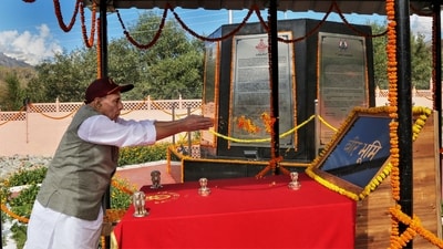Defence Minister Rajnath Singh was the chief guest at the sombre commemoration event in Dras in the Kargil district of Ladakh. (PTI) Defence Minister Rajnath Singh was the chief guest at the sombre commemoration event in Dras in the Kargil district of Ladakh. (PTI)