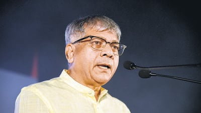 Pune, India - November 26, 2018: Prakash Ambedkar speak at Wanchit Bahujan Samaj convention at SSPMS ground in Pune, India, on Monday, November 26, 2018. (Photo by Sanket Wankhade/HT PHOTO)