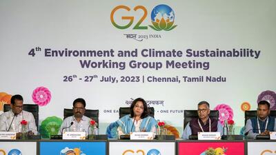 Richa Sharma (centre), additional secretary at the environment ministry, addresses the media ahead of the 4th G20 Environment and Climate Sustainability Working Group meeting in Chennai on Tuesday. (PTI Photo)