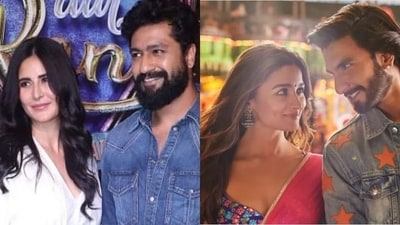 Katrina Kaif and Vicky Kaushal at Rocky Aur Rani Kii Prem Kahaani's screening; Alia Bhatt with Ranveer Singh in a still from the film. Katrina Kaif and Vicky Kaushal at Rocky Aur Rani Kii Prem Kahaani's screening; Alia Bhatt with Ranveer Singh in a still from the film.