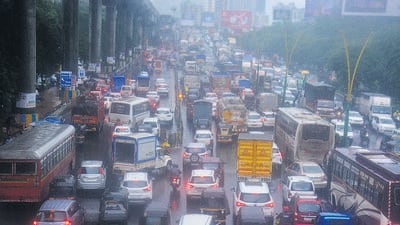 Thane, India - July, 25, 2023: : Traffic is moving slowly on Nashik Bypass Highway due to potholes and traffic is seen at Majiwada , in Thane, in Mumbai, India, on,Tuesday, July, 25, 2023. ( Praful Gangurde / HT Photo ) Thane, India - July, 25, 2023: : Traffic is moving slowly on Nashik Bypass Highway due to potholes and traffic is seen at Majiwada , in Thane, in Mumbai, India, on,Tuesday, July, 25, 2023. ( Praful Gangurde / HT Photo )