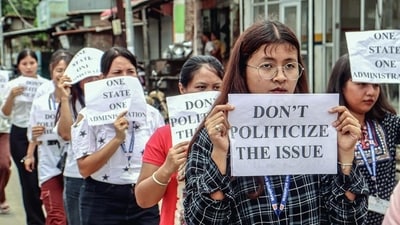 The Manipur Students’ Union at a protest against the ongoing violence, in Imphal. (ANI) The Manipur Students’ Union at a protest against the ongoing violence, in Imphal. (ANI)