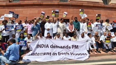 Opposition coalition, INDIA, demands PM Modi to speak on Manipur violence in Parliament. (PTI) Opposition coalition, INDIA, demands PM Modi to speak on Manipur violence in Parliament. (PTI)