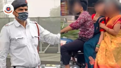 Delhi Police issued a challan after a video of triple riding on a two-wheeler went viral on social media. (Twitter/@DelhiPolice) Delhi Police issued a challan after a video of triple riding on a two-wheeler went viral on social media. (Twitter/@DelhiPolice)