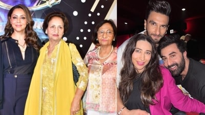 Gauri Khan with her mom and Karisma Kapoor with Ranveer Singh and Ranbir Kapoor at Rocky Aur Rani Kii Prem Kahaani screening. Gauri Khan with her mom and Karisma Kapoor with Ranveer Singh and Ranbir Kapoor at Rocky Aur Rani Kii Prem Kahaani screening.
