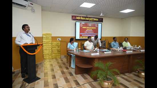 Officials informing initiatives taken in KVs under NEP-2020 at KV IFFCO-Phulpur in Prayagraj on Wednesday. (HT Photo)