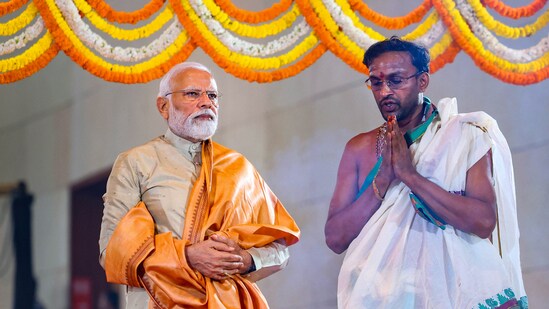 Prime Minister Narendra Modi on Wednesday participated in a Havan and Puja ceremony prior to the inauguration of the International Exhibition-cum-Convention Centre (IECC) complex at the ITPO complex in the Delhi where he also felicitated the Shramjeevis.&nbsp;(PTI)