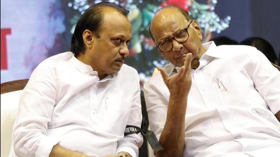 Pune, India - October 29, 2018: Nationalist Congress Party leaders Ajit Pawar and Sharad Pawar at the samvidhan bachao (save the Constitution) rally organised at Ganesh Kala Krida Manch on Monday. in Pune, India, on Monday, October 29, 2018. (Photo by Rahul Raut/HT PHOTO)
