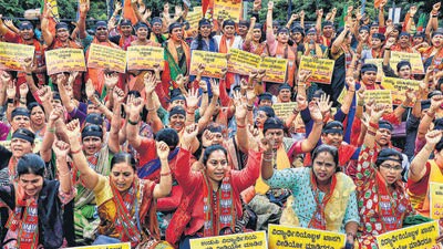 BJP Mahila Morcha workers protest over allegedly recording a video of female student in the washroom of a college in Udupi (PTI) BJP Mahila Morcha workers protest over allegedly recording a video of female student in the washroom of a college in Udupi (PTI)
