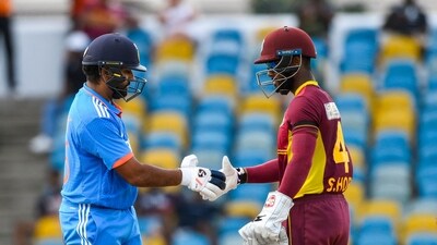 Rohit Sharma hit the winning runs as he unusually came in at No.7 as India chased a meagre target of 115 in the first ODI against West Indies in Barbados. (AFP) Rohit Sharma hit the winning runs as he unusually came in at No.7 as India chased a meagre target of 115 in the first ODI against West Indies in Barbados. (AFP)