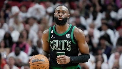 Boston Celtics guard Jaylen Brown (7) dribbles the ball during Game 3 of the NBA basketball playoffs Eastern Conference finals against the Miami Heat, (AP) Boston Celtics guard Jaylen Brown (7) dribbles the ball during Game 3 of the NBA basketball playoffs Eastern Conference finals against the Miami Heat, (AP)