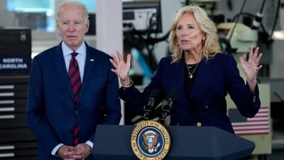President Joe Biden listens as first lady Jill Biden speaks at Nash Community College in Rocky Mount, North Carolina. (AP) President Joe Biden listens as first lady Jill Biden speaks at Nash Community College in Rocky Mount, North Carolina. (AP)