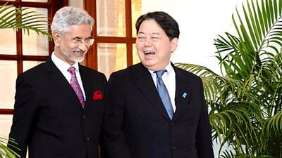 External affairs minister S Jaishankar and Japanese foreign minister Yoshimasa Hayashi in conversation at the 15th India-Japan Strategic Dialogue, in New Delhi on Thursday. (ANI)
