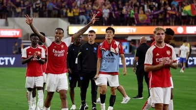 Gabriel Magalhaas #6 of Arsenal waves to fans (Getty Images via AFP) Gabriel Magalhaas #6 of Arsenal waves to fans (Getty Images via AFP)