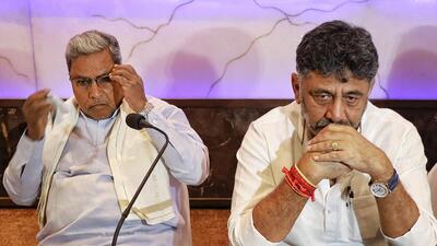 Karnataka CM Siddaramaiah and Deputy CM DK Shivakumar during the Congress legislative party meeting. (PTI) Karnataka CM Siddaramaiah and Deputy CM DK Shivakumar during the Congress legislative party meeting. (PTI)