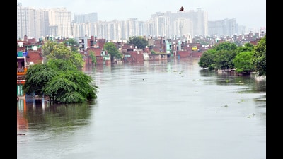 Many houses constructed on floodplains of river Hindon near Chijarsi and Behrampur have inundated due to high water discharge. (Sakib Ali/HT Photo) Many houses constructed on floodplains of river Hindon near Chijarsi and Behrampur have inundated due to high water discharge. (Sakib Ali/HT Photo)