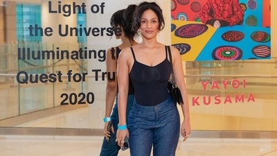 Masaba Gupta attended the launch of Yayoi Kusama's exhibit in a black and blue ensemble at the Nita Mukesh Ambani Cultural Centre (NMACC) in Mumbai. Her photo was shared by NMACC on Instagram with the caption, "Our guests joined us on the journey to a world full of illusions with Infinity Mirrored Room by Yayoi Kusama at the Nita Mukesh Ambani Cultural Centre." Masaba Gupta attended the launch of Yayoi Kusama's exhibit in a black and blue ensemble at the Nita Mukesh Ambani Cultural Centre (NMACC) in Mumbai. Her photo was shared by NMACC on Instagram with the caption, "Our guests joined us on the journey to a world full of illusions with Infinity Mirrored Room by Yayoi Kusama at the Nita Mukesh Ambani Cultural Centre."