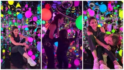 Soha Ali Khan was joined by daughter Inaaya Naumi Kemmu at the Nita Mukesh Ambani Cultural Centre exhibit. On Thursday, the actor share a clip from inside the installation as she and Inaaya explored it. She wrote in her caption, "Forget yourself. Become one with eternity - Yayoi Kusama." They were seen inside the room-sized installation by Japanese artist Yayoi Kusama featuring flickering lights in various bright colours. Soha Ali Khan was joined by daughter Inaaya Naumi Kemmu at the Nita Mukesh Ambani Cultural Centre exhibit. On Thursday, the actor share a clip from inside the installation as she and Inaaya explored it. She wrote in her caption, "Forget yourself. Become one with eternity - Yayoi Kusama." They were seen inside the room-sized installation by Japanese artist Yayoi Kusama featuring flickering lights in various bright colours.