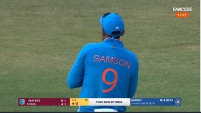 SKY fielding in 1st ODI vs West India wearing Sanju Samson's jersey SKY fielding in 1st ODI vs West India wearing Sanju Samson's jersey