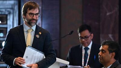 Steven Guilbeault (left), minister of environment and climate change, Canada, attends the 4th Environmental and climate sustainability working group meeting held in Chennai on Thursday. (AFP) Steven Guilbeault (left), minister of environment and climate change, Canada, attends the 4th Environmental and climate sustainability working group meeting held in Chennai on Thursday. (AFP)