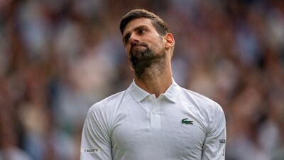 Novak Djokovic reacts to a point during the Wimbledon men’s singles final against Carlos Alcaraz (USA TODAY Sports via Reuters Con)