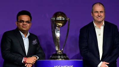Jay Shah, Secretary BCCI and Geoff Allardice,CEO of ICC, during the announcement of  "ICC Men's Cricket World Cup 2023" in Mumbai (Hindustan Times)