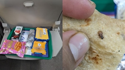 The picture tweeted by the passenger shows a cockroach stuck to one of the rotis. (Twitter/@subodhpahalajan)