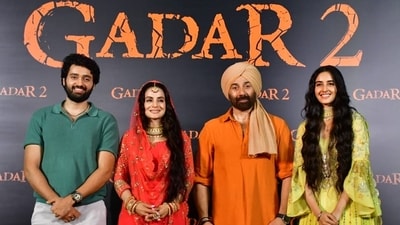 Sunny Deol with Ameesha Patel and others at the Gadar 2 trailer launch on Wednesday. (Pic: Varinder Chawla) Sunny Deol with Ameesha Patel and others at the Gadar 2 trailer launch on Wednesday. (Pic: Varinder Chawla)