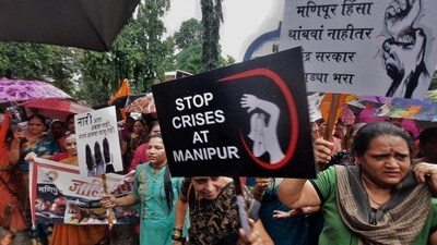 Thane, India - July, 26, 2023: After the video of the torture of two womens in Manipur went viral, Thane shivsena ,(UBT) protested against Modi Govt. Near Dr.Babasaheb Ambedkar statue court naka in Thane ,demanding that Modi government has failed to stop the violence in Manipur   , in Thane, in Mumbai, India, on,Wednesday, July, 26, 2023. ( Praful Gangurde / HT Photo )