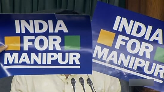 Opposition MPs of the INDIA alliance stage a protest against the Manipur violence issue in the Lok Sabha during the Monsoon Session of Parliament, in New Delhi on Thursday. (ANI)