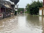 A view of a waterlogged street after incessant rainfall, in Navsari on Friday. (ANI Photo) A view of a waterlogged street after incessant rainfall, in Navsari on Friday. (ANI Photo)