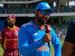 Rohit Sharma of India speaks during the toss