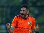 Vidwath Kaverappa of South Zone celebrates a wicket during the Deodhar Trophy