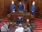 TMC MP Derek O'Brien protests in the Rajya Sabha during the Monsoon session of Parliament in New Delhi on Friday, TMC MP Derek O'Brien protests in the Rajya Sabha during the Monsoon session of Parliament in New Delhi on Friday,