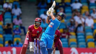 India's Ishan Kishan hits six from a delivery of West Indies' Yannic Cariah during their first ODI at Kensington Oval in Bridgetown (AP) India's Ishan Kishan hits six from a delivery of West Indies' Yannic Cariah during their first ODI at Kensington Oval in Bridgetown (AP)