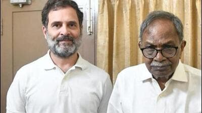 During his stay at the Ayurvedic hospital in Kerala, Rahul Gandhi met acclaimed Malayalam writer-director MT Vasudevan Nair who was undergoing treatment at the hospital as well. (PTI) During his stay at the Ayurvedic hospital in Kerala, Rahul Gandhi met acclaimed Malayalam writer-director MT Vasudevan Nair who was undergoing treatment at the hospital as well. (PTI)