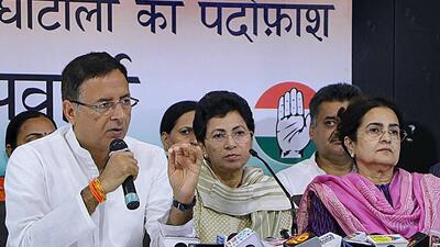 From left: Congress national general secretary Randeep Surjewala, former Haryana Congress president Kumari Selja, and former minister Kiran Choudhry during a joint press conference in Chandigarh on Friday. (PTI) From left: Congress national general secretary Randeep Surjewala, former Haryana Congress president Kumari Selja, and former minister Kiran Choudhry during a joint press conference in Chandigarh on Friday. (PTI)
