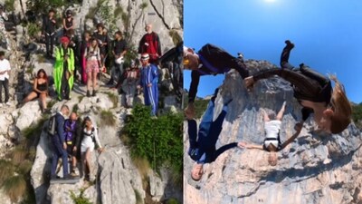 Newly married couple and wedding guests skydive from a high cliff to celebrate. (Instagram/@lalibretamorada) Newly married couple and wedding guests skydive from a high cliff to celebrate. (Instagram/@lalibretamorada)