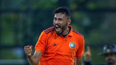 Vidwath Kaverappa of South Zone celebrates a wicket during the Deodhar Trophy (PTI) Vidwath Kaverappa of South Zone celebrates a wicket during the Deodhar Trophy (PTI)