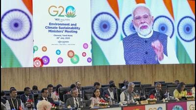 Prime Minister Narendra Modi virtually addresses G20 ministers in Chennai. (PTI) Prime Minister Narendra Modi virtually addresses G20 ministers in Chennai. (PTI)