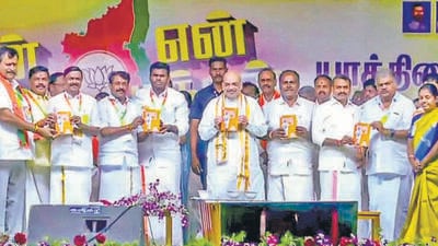 Union home minister Amit Shah at the launch of Bharatiya Janata Party ‘s Tamil Nadu president K Annamalai’s padayatra, in Rameshwaram on Friday. (PTI) Union home minister Amit Shah at the launch of Bharatiya Janata Party ‘s Tamil Nadu president K Annamalai’s padayatra, in Rameshwaram on Friday. (PTI)
