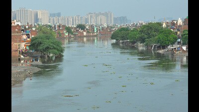 Upstream areas of the river Hindon, beyond the Karhera bridge, lack an embankment, which contributed to major flooding in those regions earlier this week. (Sakib Ali/HT Photo) Upstream areas of the river Hindon, beyond the Karhera bridge, lack an embankment, which contributed to major flooding in those regions earlier this week. (Sakib Ali/HT Photo)